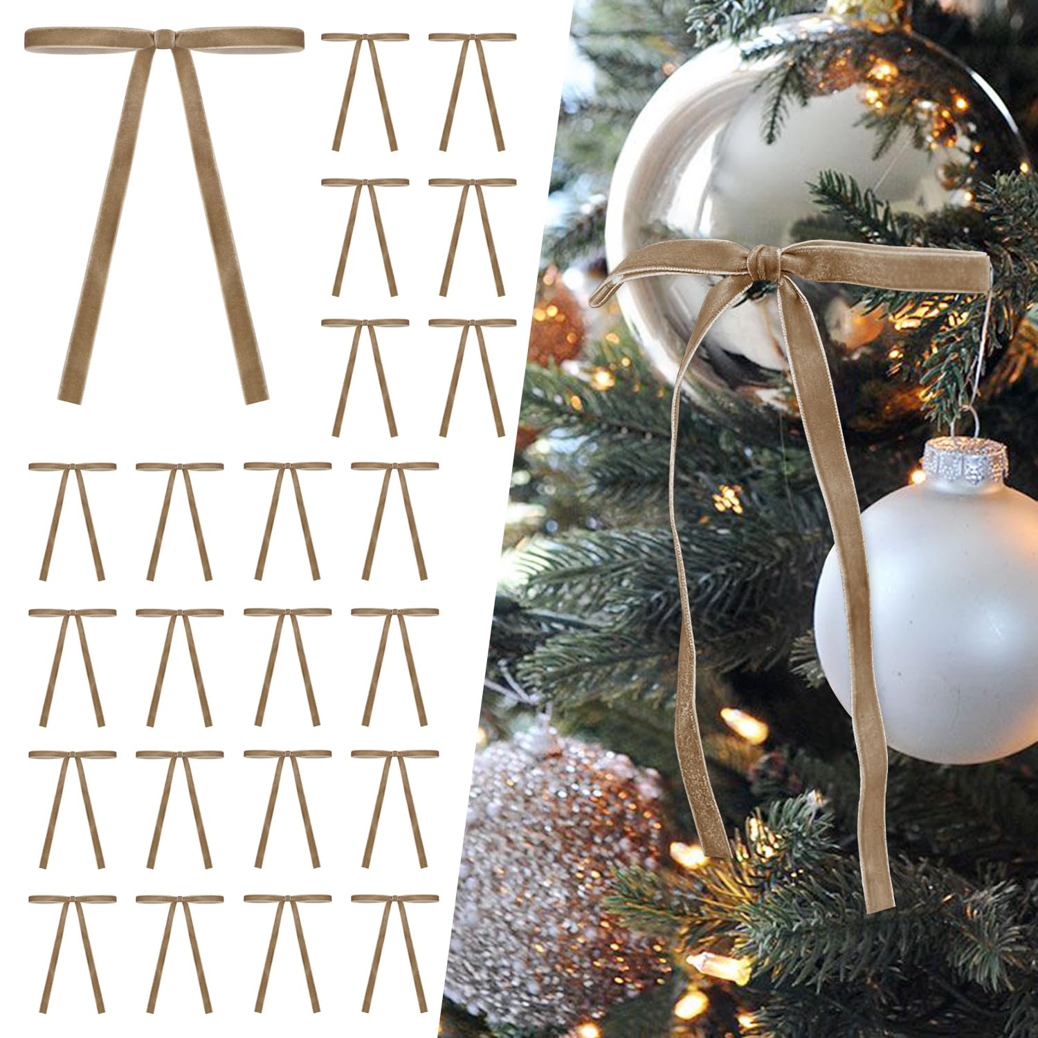 Photo 1 of SIMISI RIBBON 24Pcs Khaki Christmas Velvet Ribbon Bows Decorations Xmas Ornaments Vintage Decor for Tree, Wreath, Garland (3/8'' Width, 5 * 7 inch)