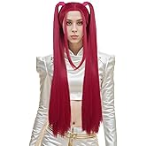 VGbeaty Adult Women Long Straight Pink Wig with 2 Ponytails Cartoon Role Funny Bangs Wig Heat Resistant Synthetic Fiber Soft Durable Breathable Cap for Halloween Costume Fancy Party