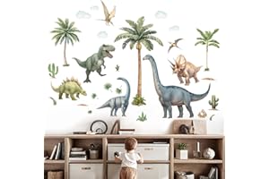 Amimagen Large Dinosaur Wall Decals - Tropical Palm Tree Leaf Dino Wall Stickers - Nursery Kids Baby Boys Room Daycare Playroom Classroom Wall Decor