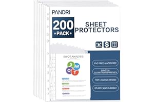 Sheet Protectors, PANDRI 200 Pack Clear Heavy Duty Plastic Page Protectors Sheet Reinforced 11-Hole Fit for 3 Ring Binder Fit