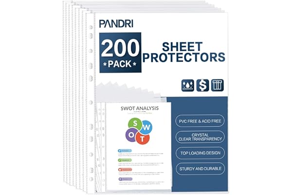 Sheet Protectors, PANDRI 200 Pack Clear Heavy Duty Plastic Page Protectors Sheet Reinforced 11-Hole Fit for 3 Ring Binder Fit