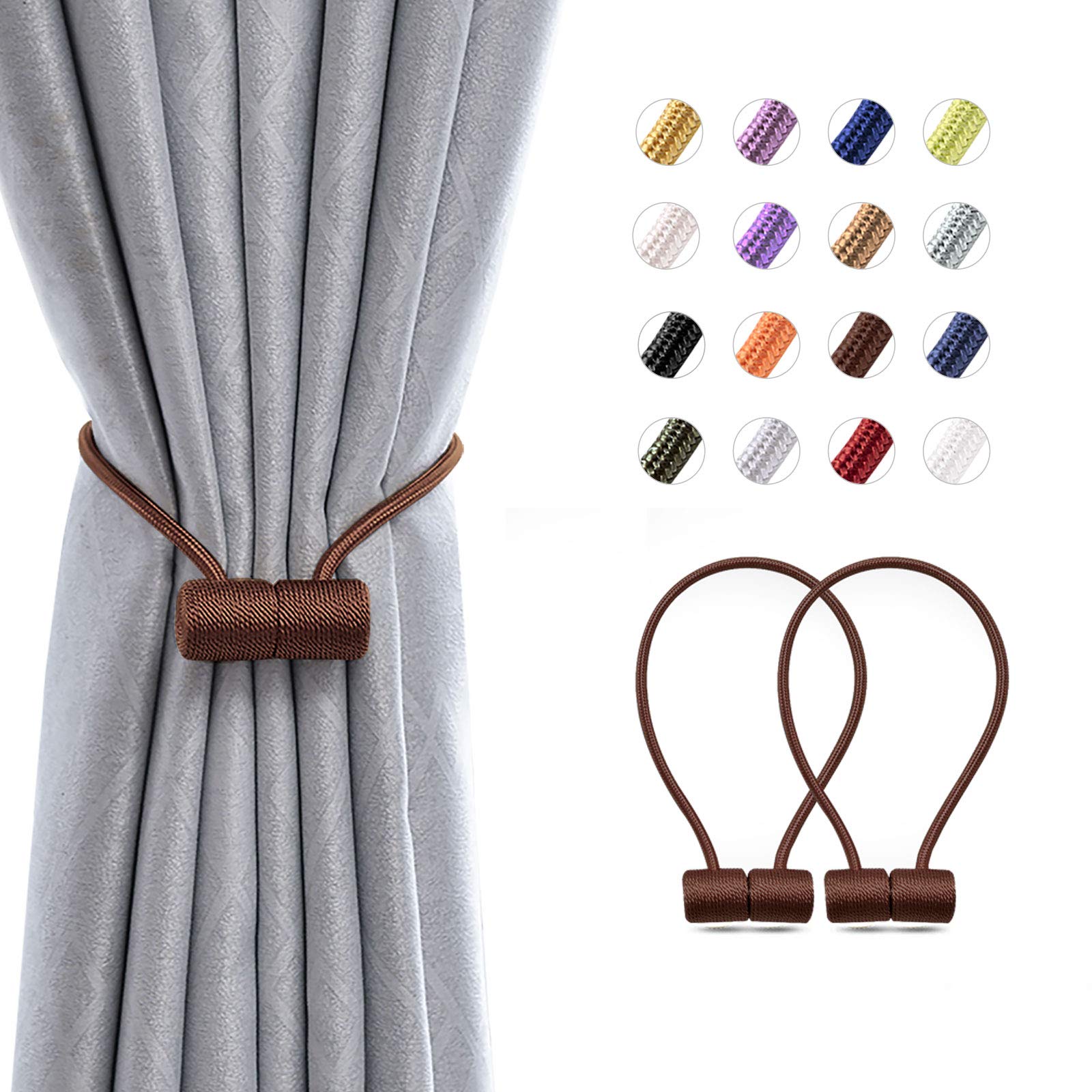 Pretty Jolly 2 Pack Magnetic Curtain Tiebacks 16 Inch Modern Handmade Weave Rope Curtain Holdbacks Convenient Decorative Curtain Drape Tie Backs for Home and Office Window Drapery (Deep Coffee)