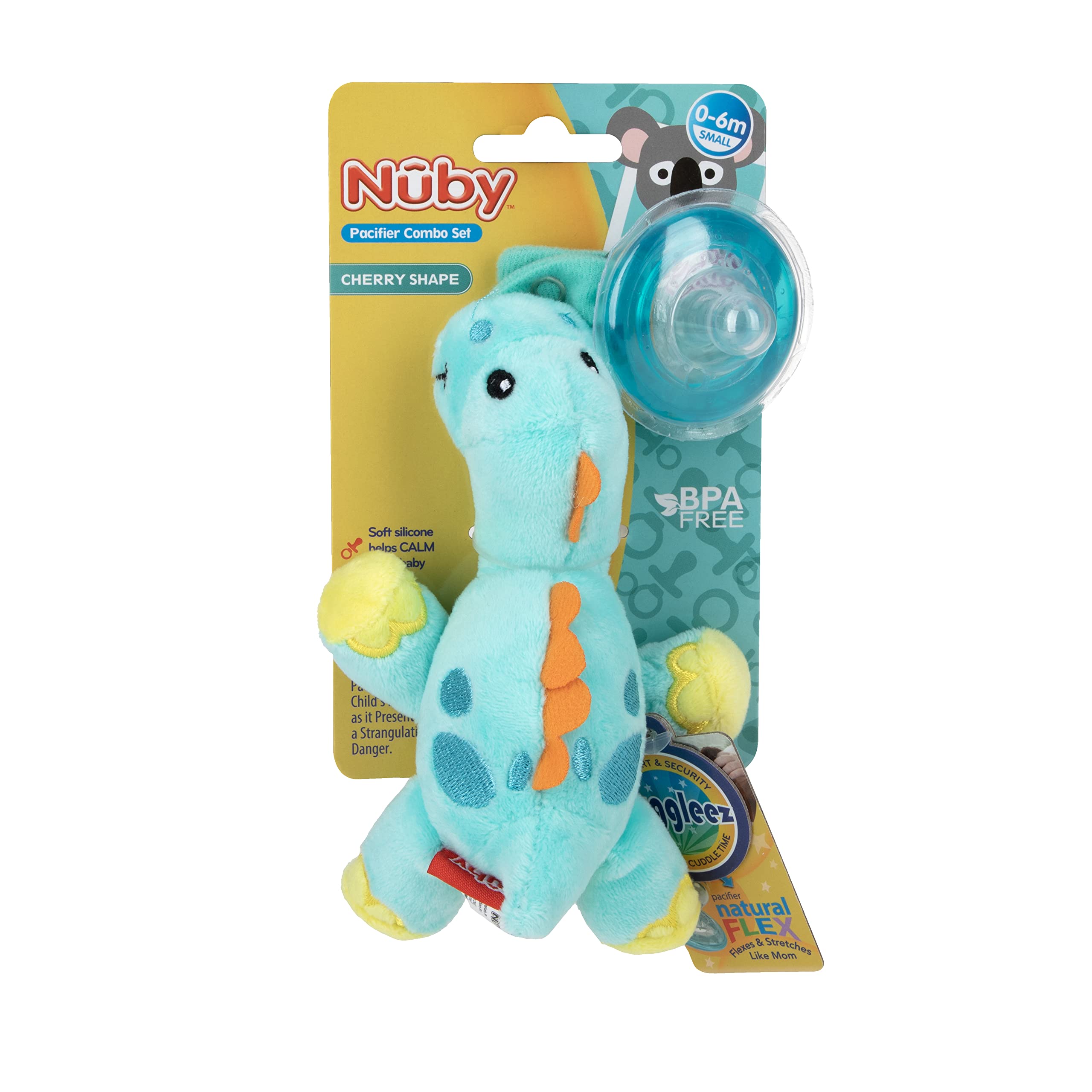 Nuby Calming Natural Flex Snuggleez Pacifier with Plush Combo Set for Cuddling with Comfort, Dino