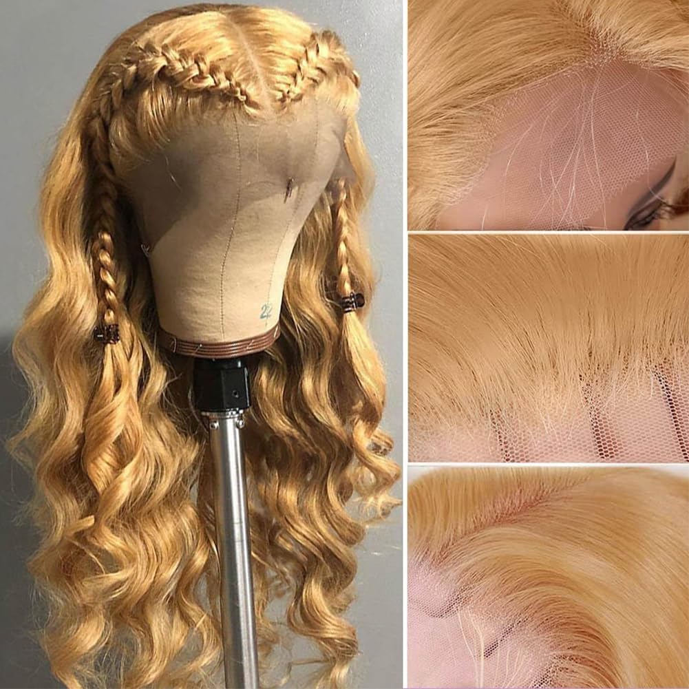 HEFABRIGHT Honey Blonde HD Lace Front Wig 28 Inch Human Hair Wigs Body Wave Lace Front Wigs 13X4 Pre Plucked Glueless Wigs 27# Human Hair Wig Colored 180% Density