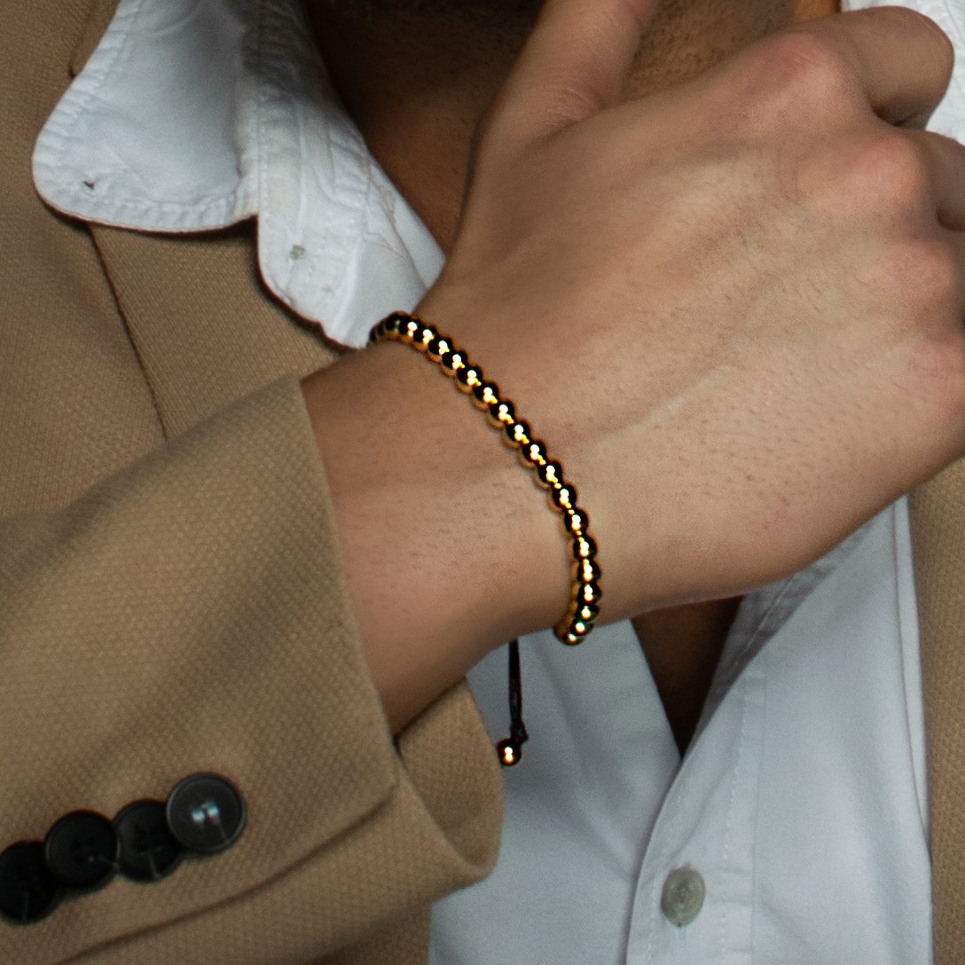 NAMANA Freundschafts-Armband mit Metall-Beads Unisex Perlenarmband mit verstellbarer schwarzer Schnur, für Sie und Ihn (Gold, Edelstahl)