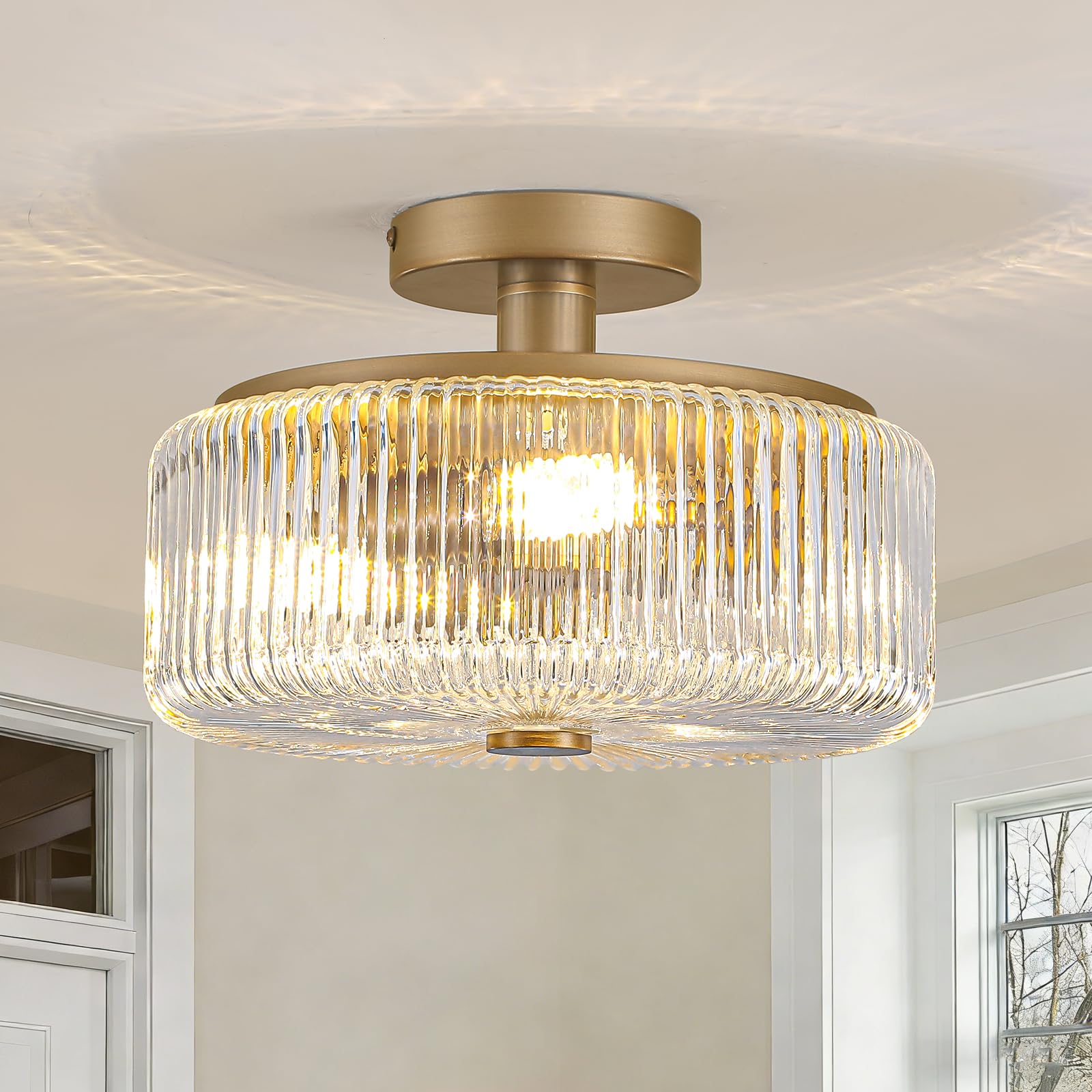 Photo 1 of Enjoy the lights 11.8 Inch Gold Semi Flush Mount Ceiling Light, 3-Light Hallway Light Fixture with Seeded Glass Shade, Mid-Century Modern Ceiling Light for Kitchen, Entryway, Foyer, Passage