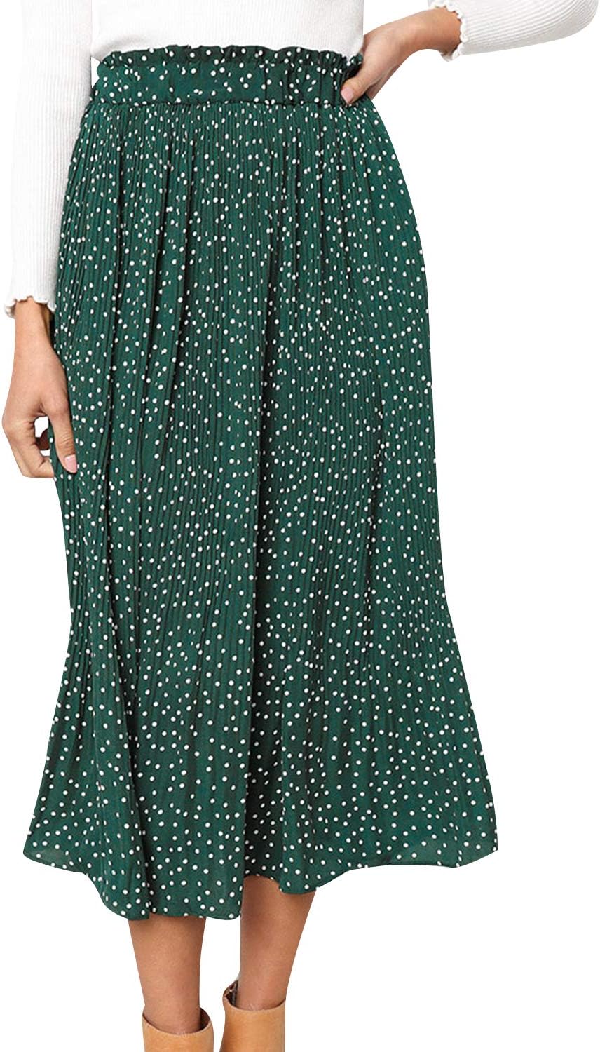 Fashiomo Women's High Waist Polka Dot Ruffle Midi Skirt Pleated Elastic Waist Skirt
