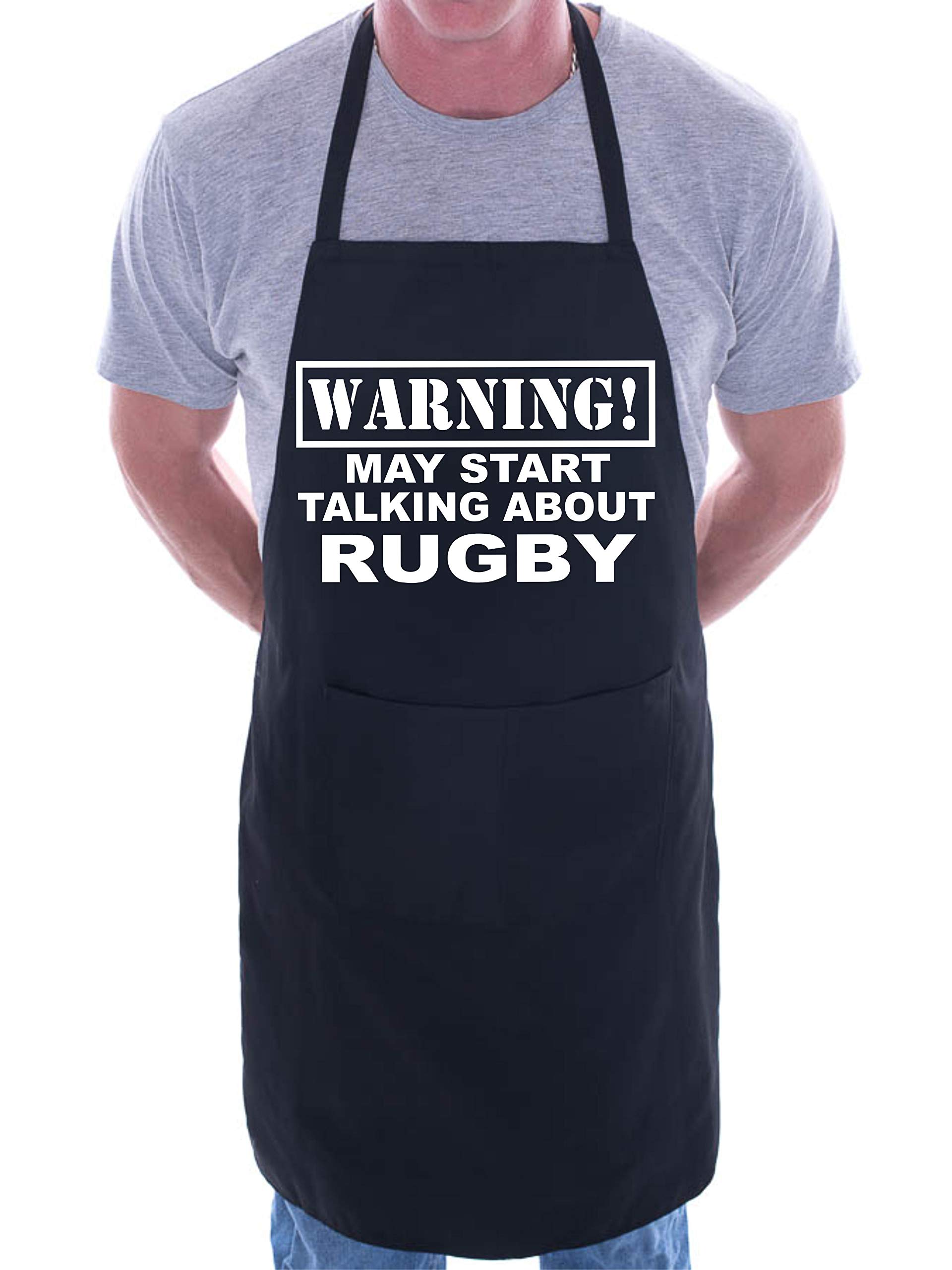 Print4U Warning May Talk About Rugby Fan Funny BBQ Novelty Cooking Apron Black