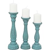 Deco 79 Wooden Decorative Candle Holder Distressed Candle Stand, Set of 3 Candlestick Holder 15", 13", 11"H, Blue
