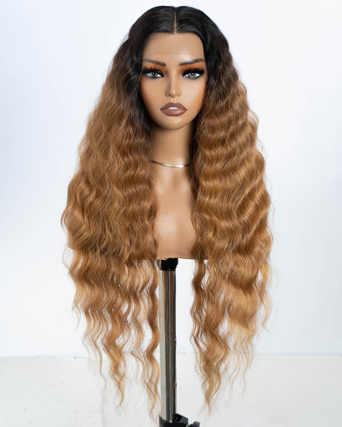 Style Icon Ombre Brown Lace Front Wigs 30 inches Long Curly Wavy Synthetic Wigs Deep Middle Part Baby Hair Wigs for Women Heat Resistant Fiber (SOP43026)