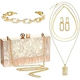 Dansydaisy 4 Pcs Acrylic Clutch Bag for Women Evening Handbag Gold Layered Necklace Bracelet Earrings Set for Wedding Party