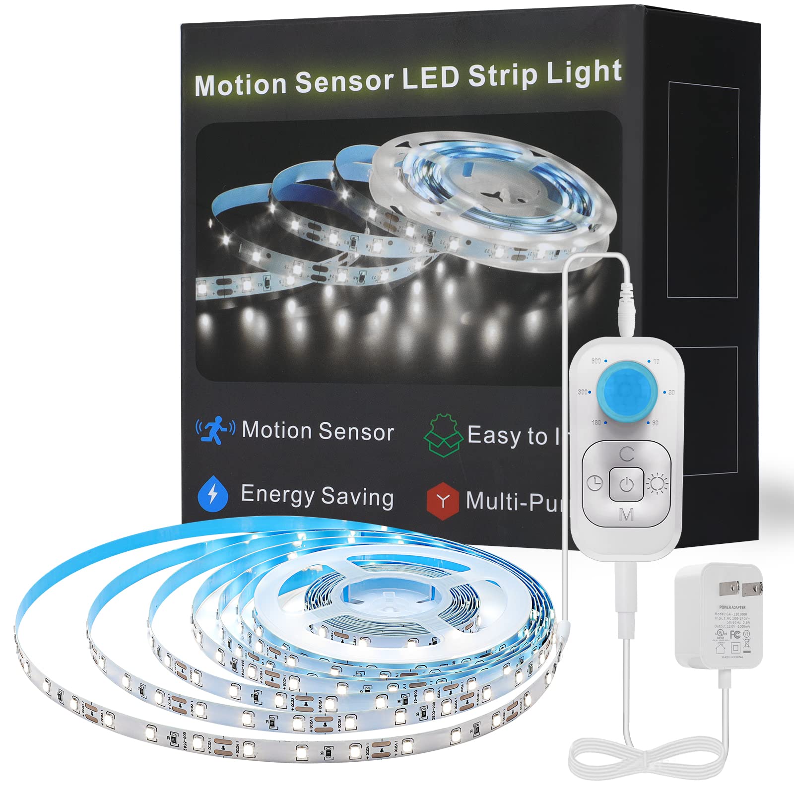 Photo 1 of Motion Sensor Led Light Strip - Under Cabinet Lighting with Power Adapter, 6 Adjustable Brightness and Timing, Light Strips for Kitchen Cabinets, Stair, Showcase, Bedroom, 16.4ft 6000K ColdWhite