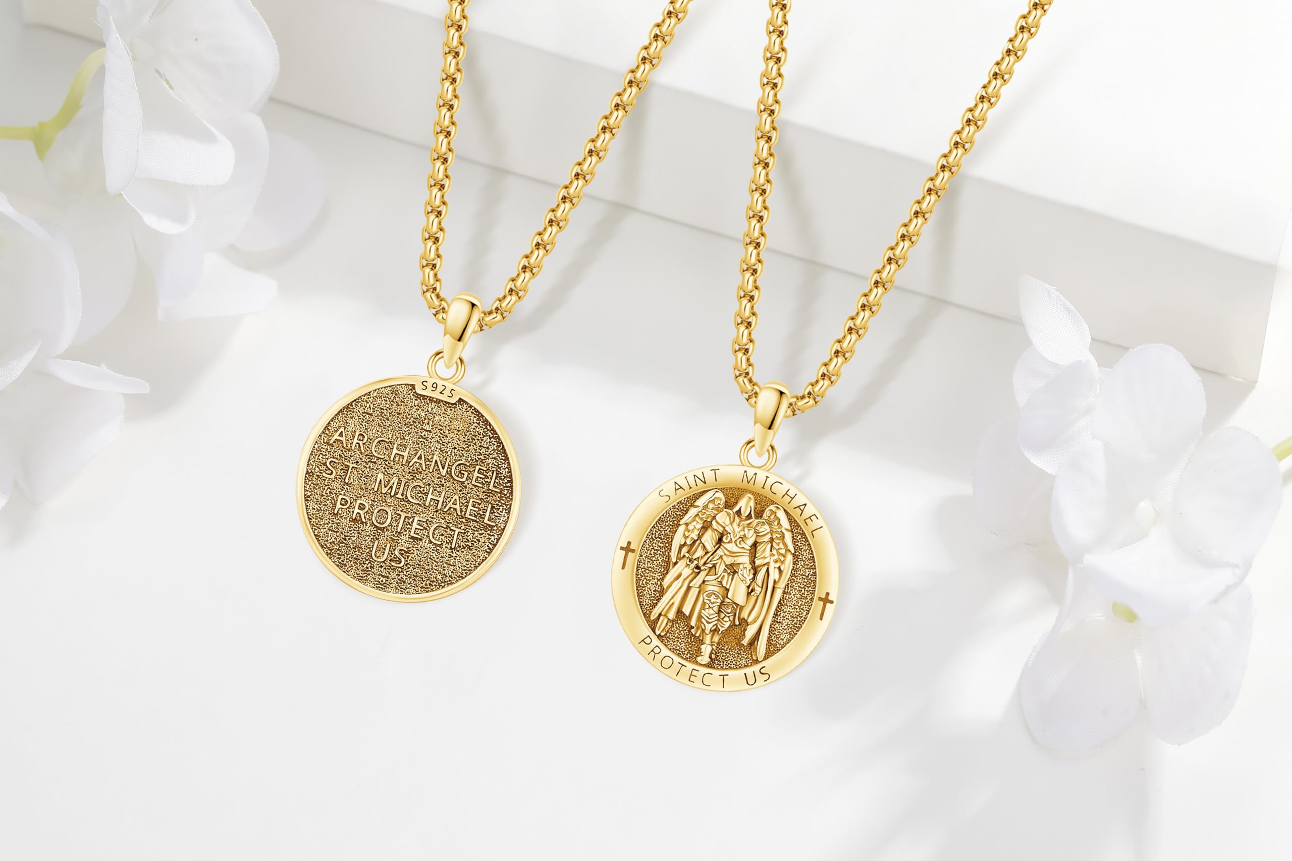 AUDINCEED 18K Gold St Michael Pendant/Saint Anthony/Archangel Raphael/St Benedict/San Judas/Jesus Cross/Santa Muerte/Virgin Mary Necklace 925 Sterling Silver Amulet Jewelry for Men Women