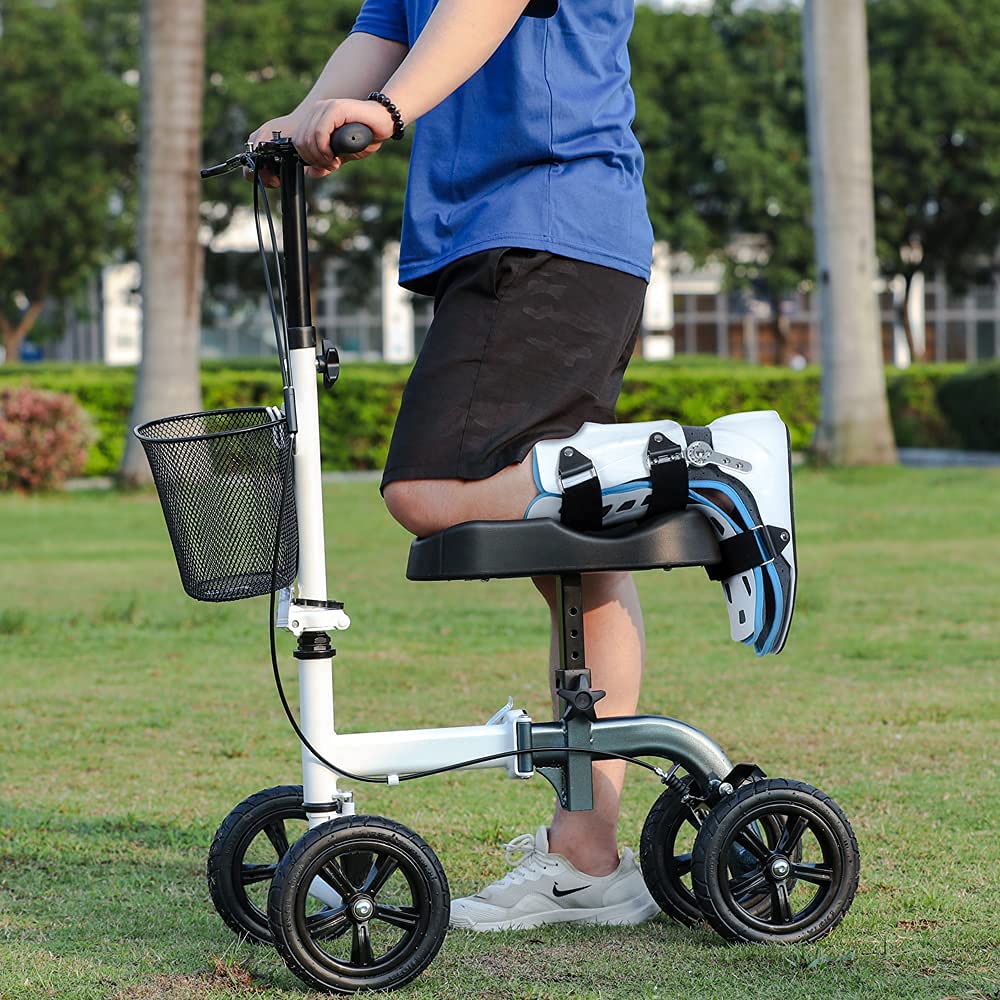 RINKMO Knee Scooter,All-Terrain Foldable KneeWalker Economical Leg Scooters for Foot Injuries Best Crutches Alternative (White+Blue)