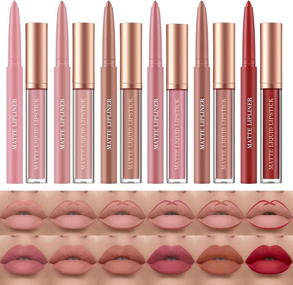 HQDA 12 Pcs Liquid Lipstick Lipliner Set Nude Matte Waterproof Long Lasting