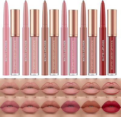 HQDA 12 Pcs Liquid Lipstick Lipliner Set Nude Matte Waterproof Long Lasting