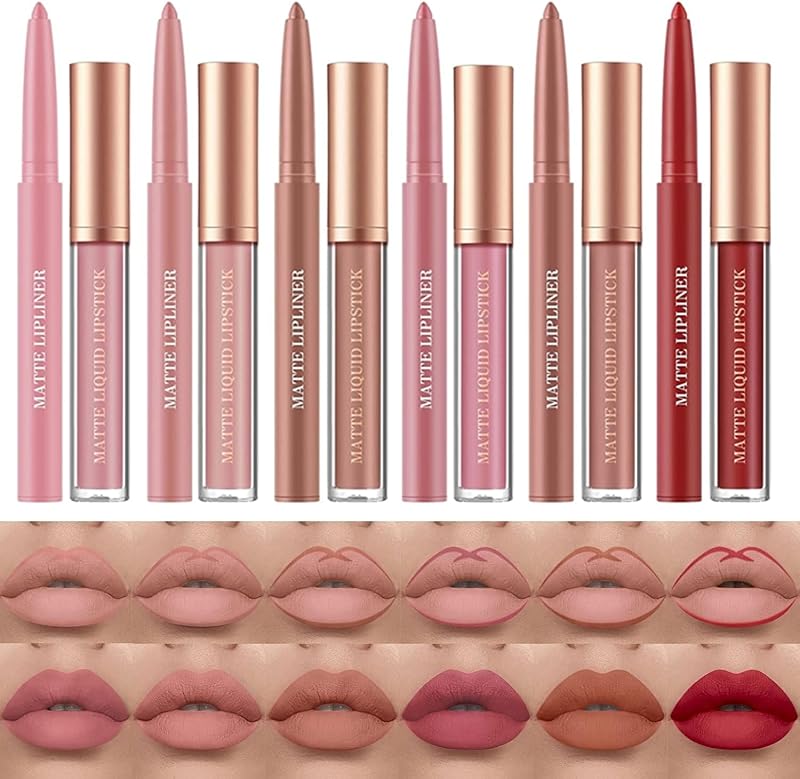 HQDA 12 Pcs Liquid Lipstick Lipliner Set Nude Matte Waterproof Long Lasting