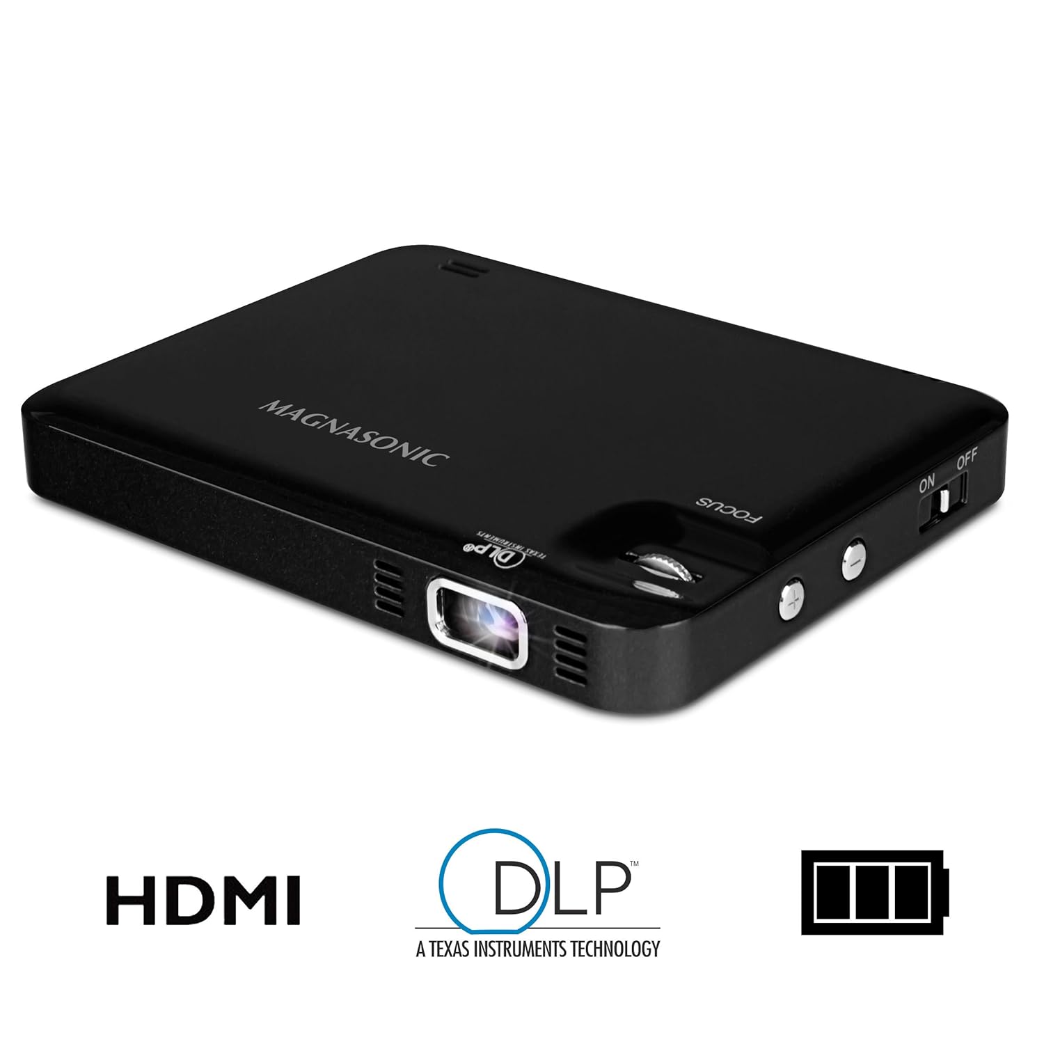 Magnasonic LED Pocket Pico Video Projector, HDMI, Rechargeable Battery, Built-in Speaker, DLP, 60 inch Hi-Resolution Display for Streaming Movies, Presentations, Smartphones, Tablets, Laptops (PP60)