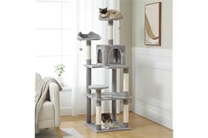 PEQULTI 63'' Multi-Level Cat Tree Cat Tower for Indoor Cats with Sisal-Covered Scratching Post, Cozy Cat Condo, Cat Hammock and Wide Top Perch, Grey