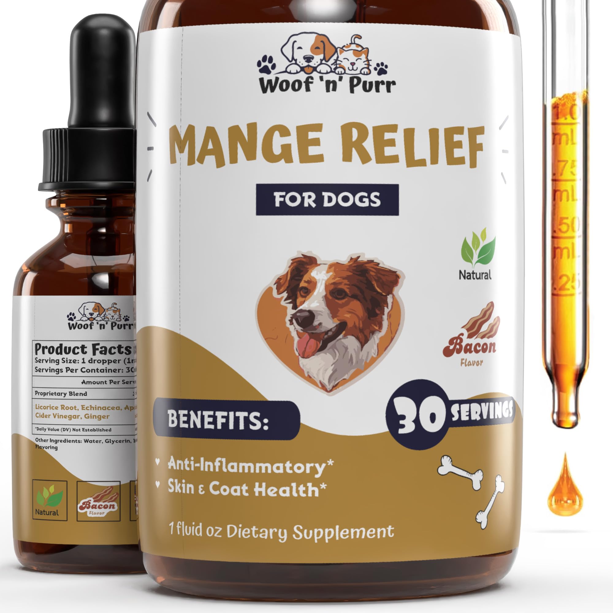 Natural Mange Treatment Dogs - Mange in Dogs Treatment - Dog Mange Treatment - Mange Treatment - Mange Treatment for Dogs - Mange Relief for Dogs - Dog Mange - Mange in Dogs - 1 fl oz - Bacon Flavor