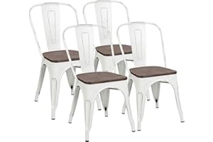 Furniwell Metal Dining Chairs with Wood Seat, Indoor Outdoor Use Stackable Tolix Industrial Metal Chairs Set of 4 for Kitchen, Dining Room, Bistro and Cafe (White)