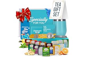 Modern Elegance Tea Tumbler Gift Set – Includes Tea Bag Holder, Spoon, Honey Straw, 15 Assorted Flavor Blends & Hot & Cold 12oz Insulated Tumbler – Ideal for Holiday Gift for Tea Lovers – Teal