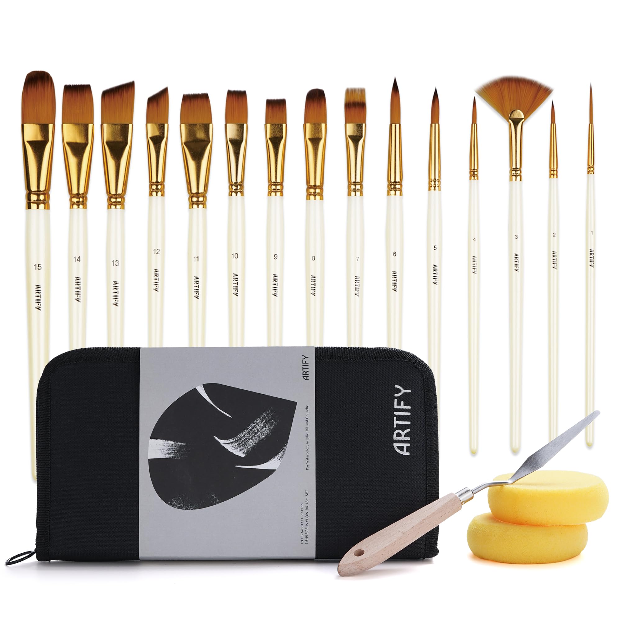 Artify 15-piece Acrylic Paint Brush Set with Stand Carrying Case, Palette tool, and 2 Sponges, Professional Artist Paint Brushes for Acrylic Oil, Watercolor, Face Painting, Ideal Art Supplies Gifts