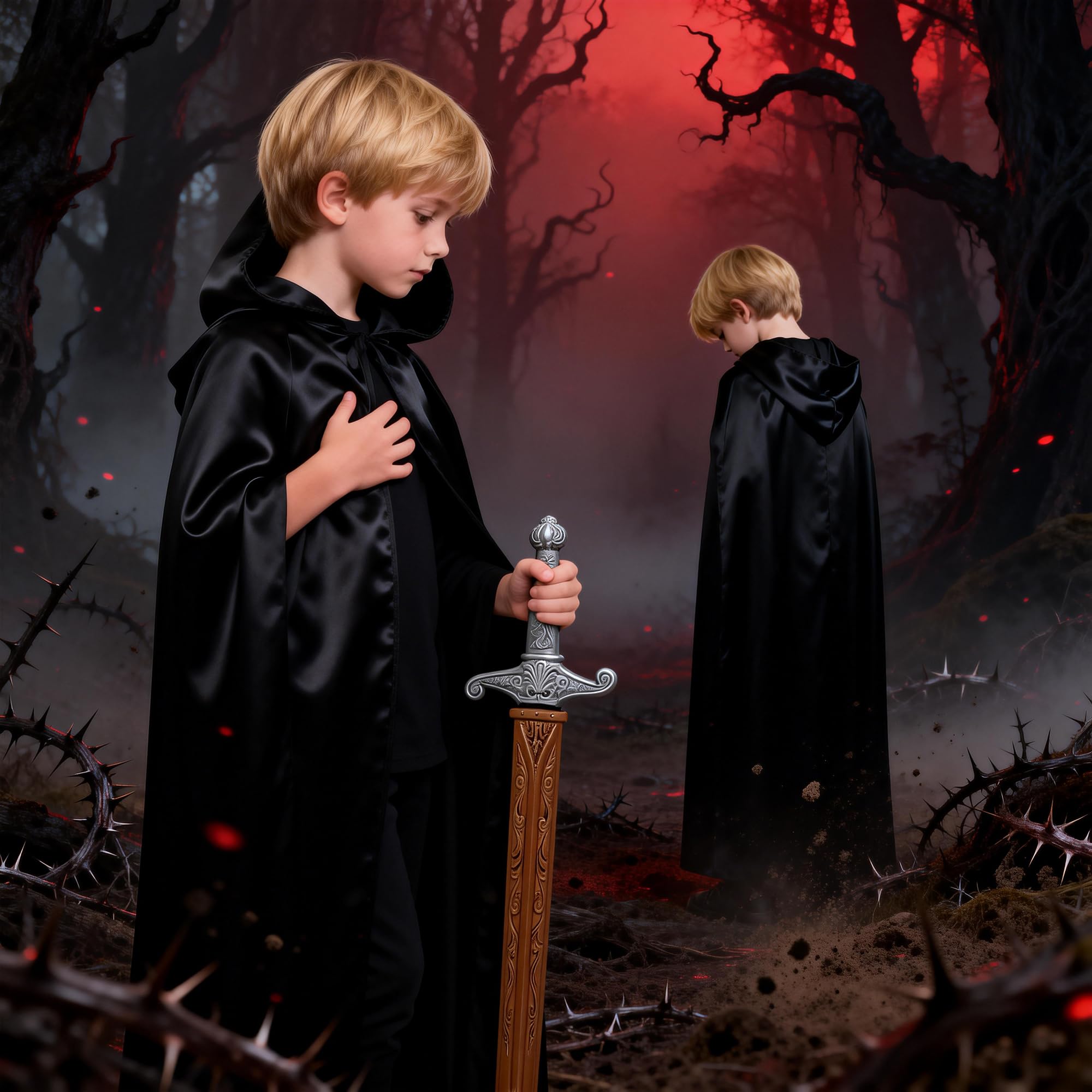 Condition photo showing New/Like New for kids hooded cloak cape,knight costume for kids halloween dress up,medieval knight outfit with sword,size 47"