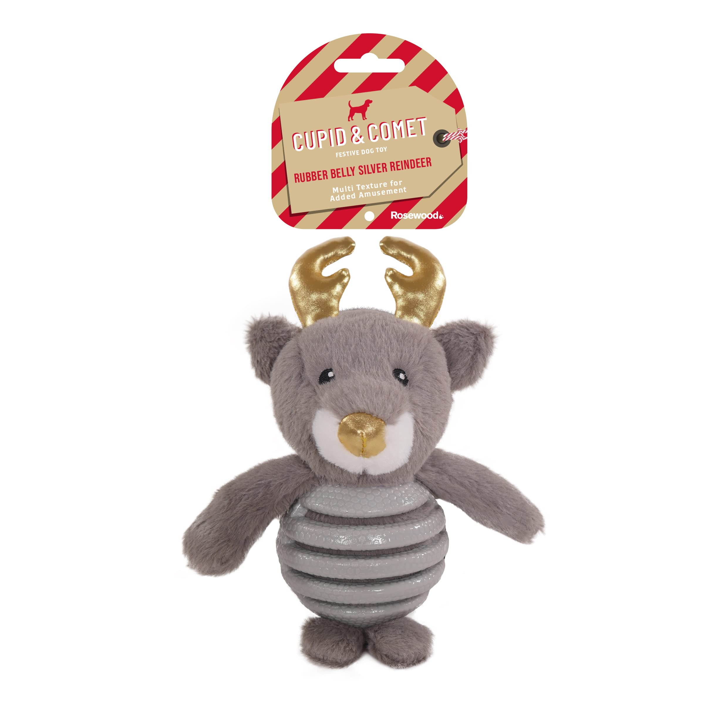 Rosewood Festive Tough Rubber Belly Silver Reindeer Christmas Dog Toy, 27 x 10cm