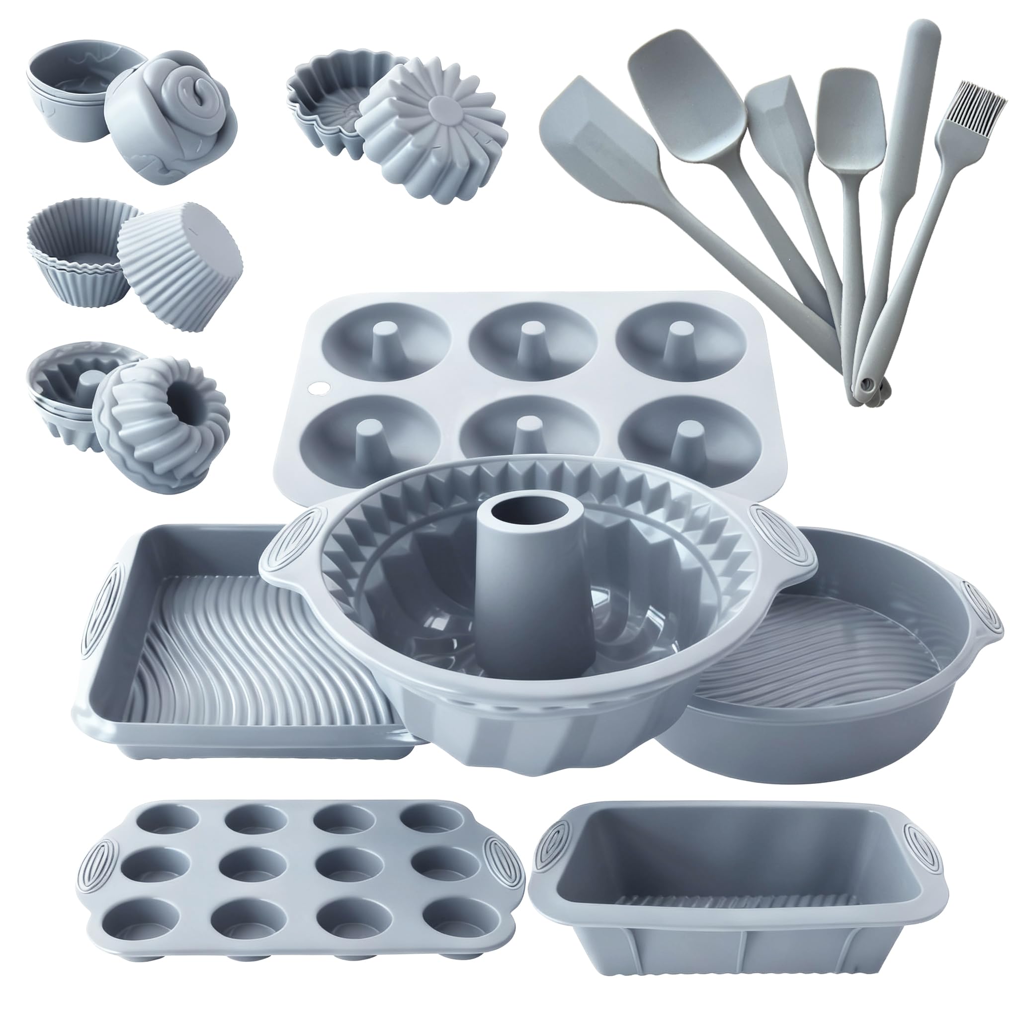 Photo 1 of 28 PCS Nonstick Silicone Baking Pans Set,With Baking Pan Cake Molds,Fluted Pans,Donut Pan,Muffin Pan,Nonstick Cake Pan Reusable Tube Oven Baking Mold for Muffin, Cake, Bread(Light Grey)
