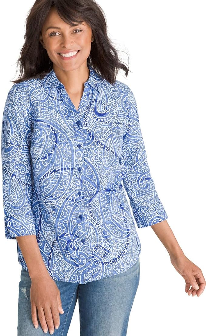 Chico's Women's NoIron Linen Paisley Shirt Size 20/22 XXL (4) Blue