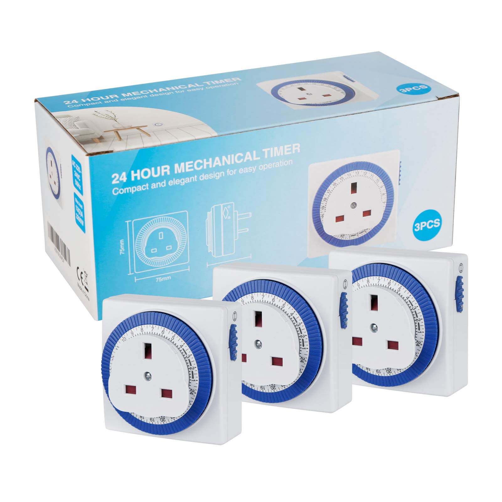 3 Pack 24 Hour Segment Timer Switch，Plug-in Timer Controller -240v 3 Pin Plug Energy Saver Plug Standard Size