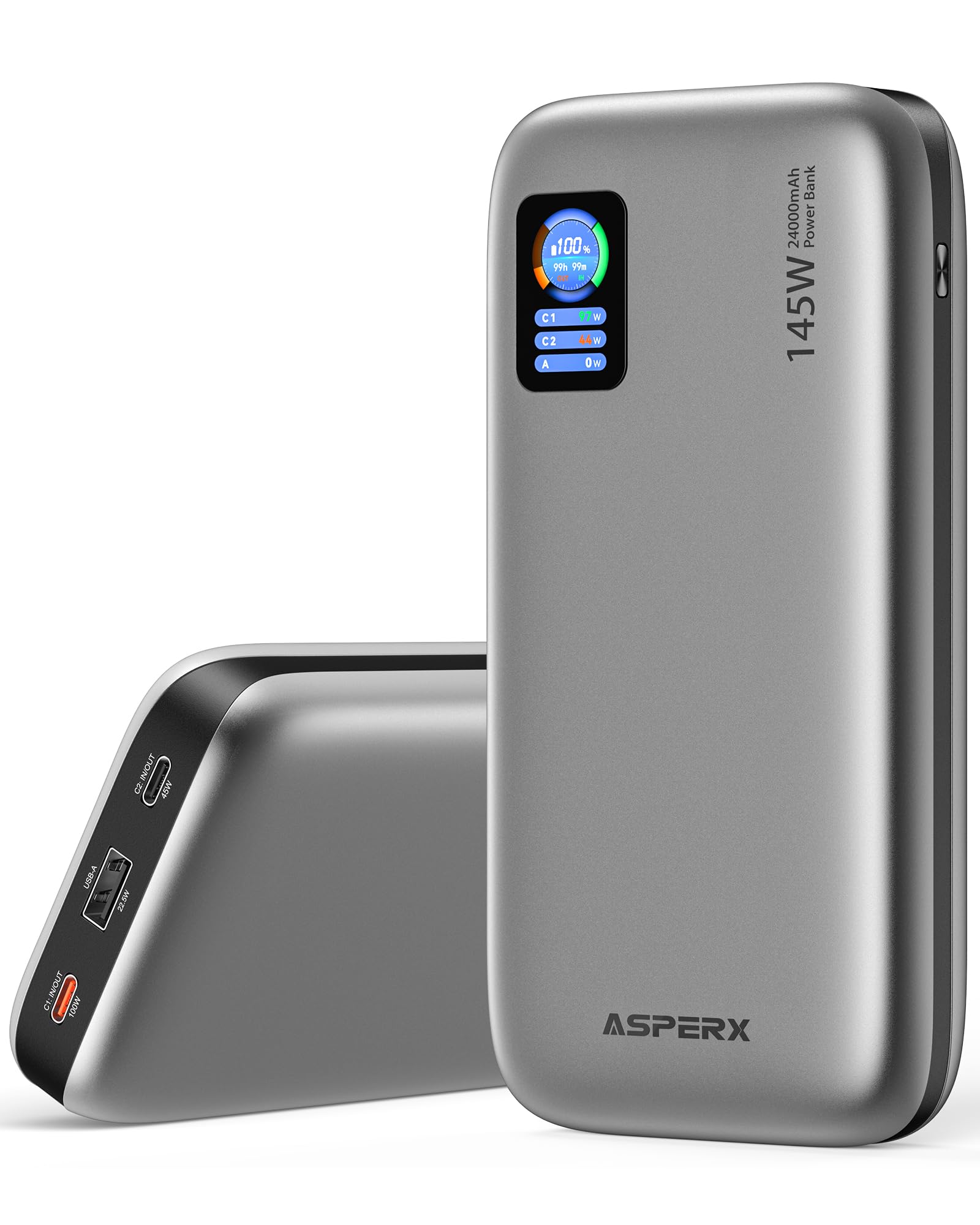 AsperX Laptop Portable Charger, 24,000mAh 145W Power Bank, TFT Smart Display, USB C PD 3.1 Fast Charging Travel Battery Pack (86.4Wh) for MacBook, iPhone 16/15,Dell XPS, Steam Deck(Flight-Approved)