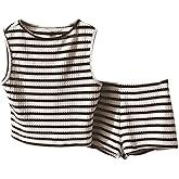 MakeMeChic Women's 2 Piece Striped Sets Two Piece Vacation Going Out Outfit Crop Tank Top and Mini Shorts Sets