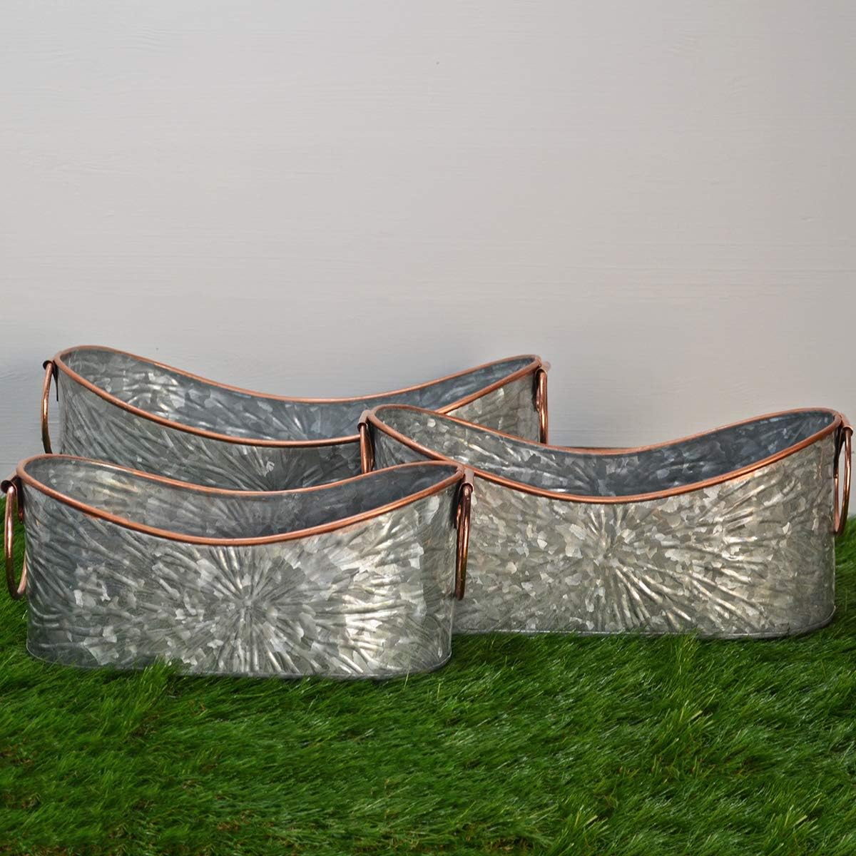 Fiesta Studios Galvanised Metal Bath Tub Planters LARGE Set of 3 with Copper Trim for Garden or Home Plants & Storage