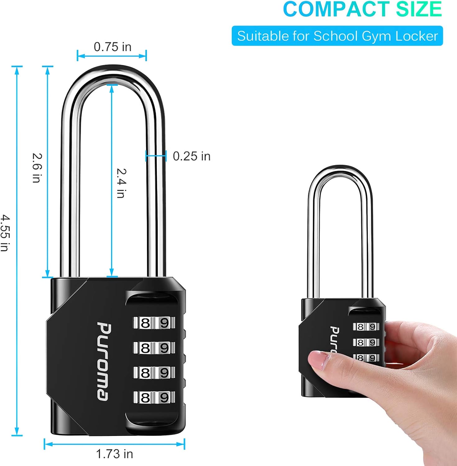 Puroma 2 Pack 2.6 Inch Long Shackle Combination Lock 4 Digit Outdoor Waterproof Padlock for School Gym Locker, Sports Locker, Fence, Gate, Toolbox, Case, Hasp Storage (Black) - - 