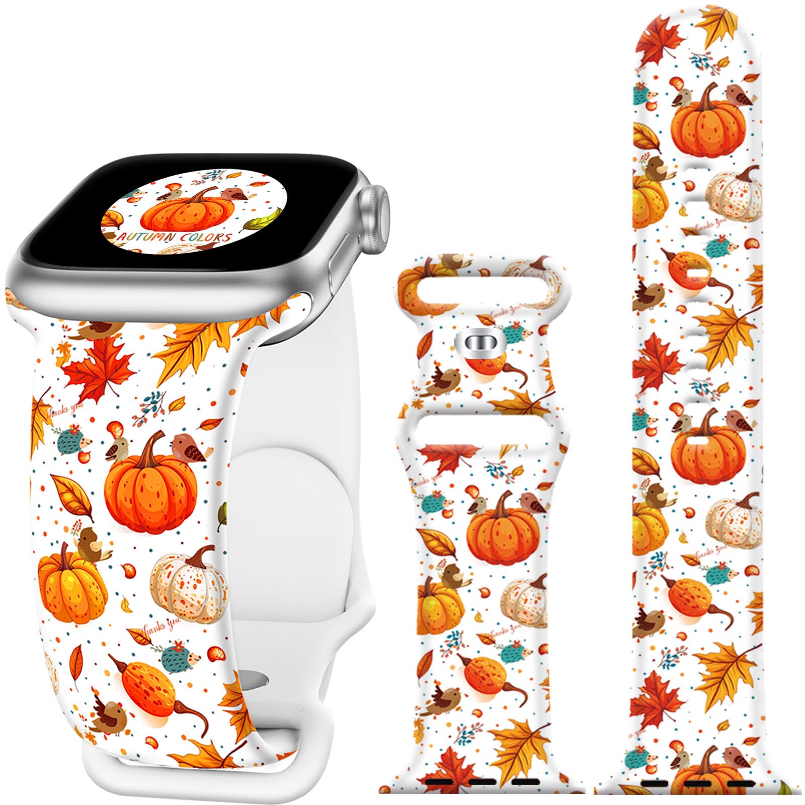 Holiday Fall Watch Band Compatible with Apple Watch Bands for Women 38mm 40mm 41mm 42mm 44mm 45mm 46mm 49mm iphone iWatch Series 11 10 9 8 7 SE 6 5 4 Ultra 3 2 1 Silicone Printed Seasonal Thanksgivng Pumpkin Leaves Replacement Strap Band