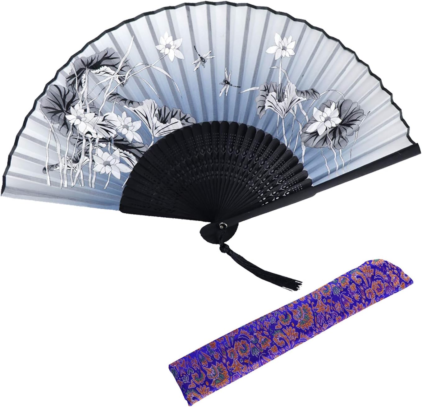 SPG Hand Folding Fan Elegant Modern Held Fan Dance Fan with Bamboo Frame Hand-Crafted Japanese/Chinese Vintage Style for Women (Blue/Purple)