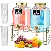 FillTouch 2 Pcs Glass Drink Dispenser for Parties Glass Water Beverage Dispenser with Stand Ice Cylinder 18/8 Stainless Steel Leakproof Spigot Hanging Chalkboard Signs Pen(2 Gallon)