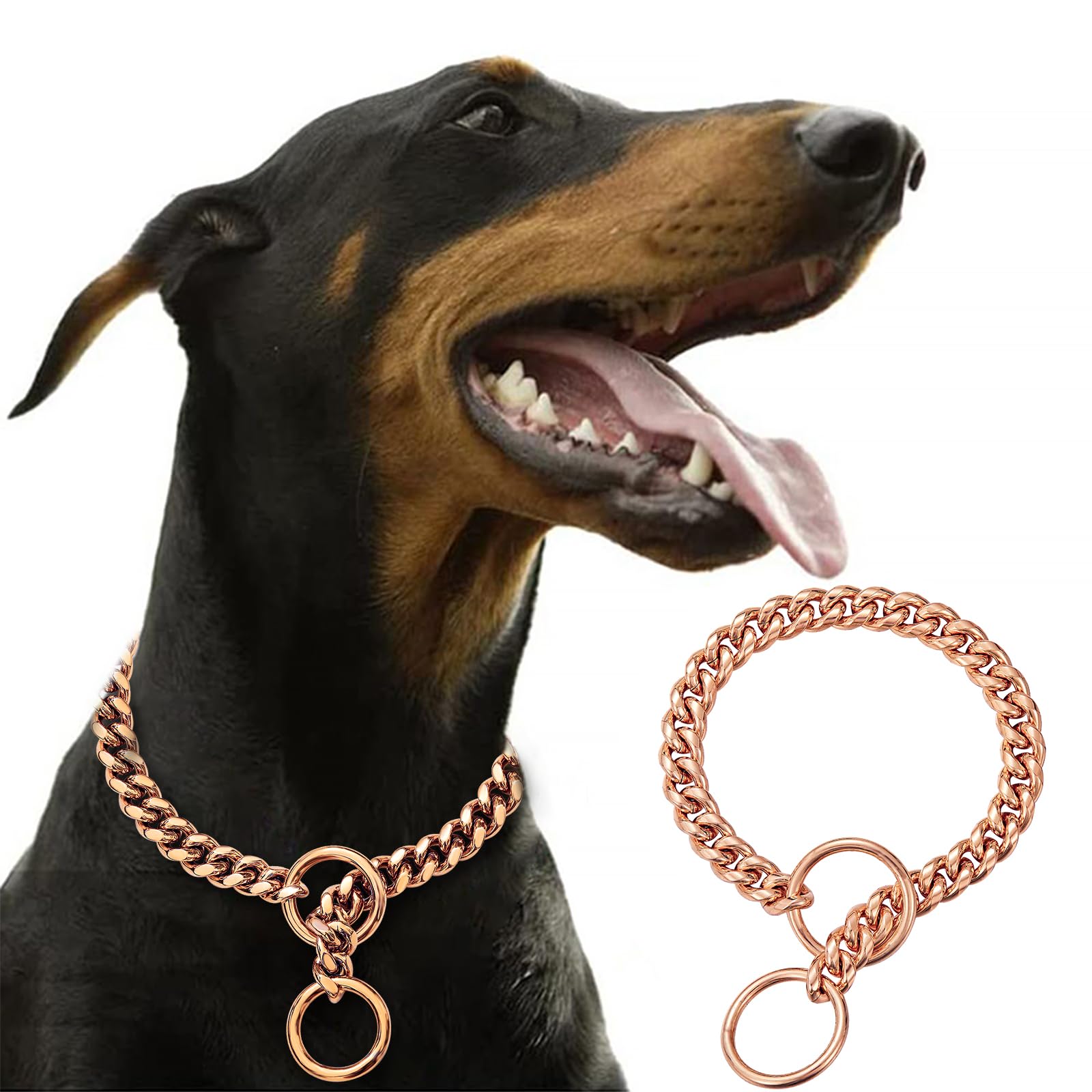 RoseGold Chain Dog Collar,Dog P Chains,10mm Wide Solid Cuban Link Chains Stainless Steel Metal Links Walking Slip Training Collar for Dogs（10inch，RoseGold）