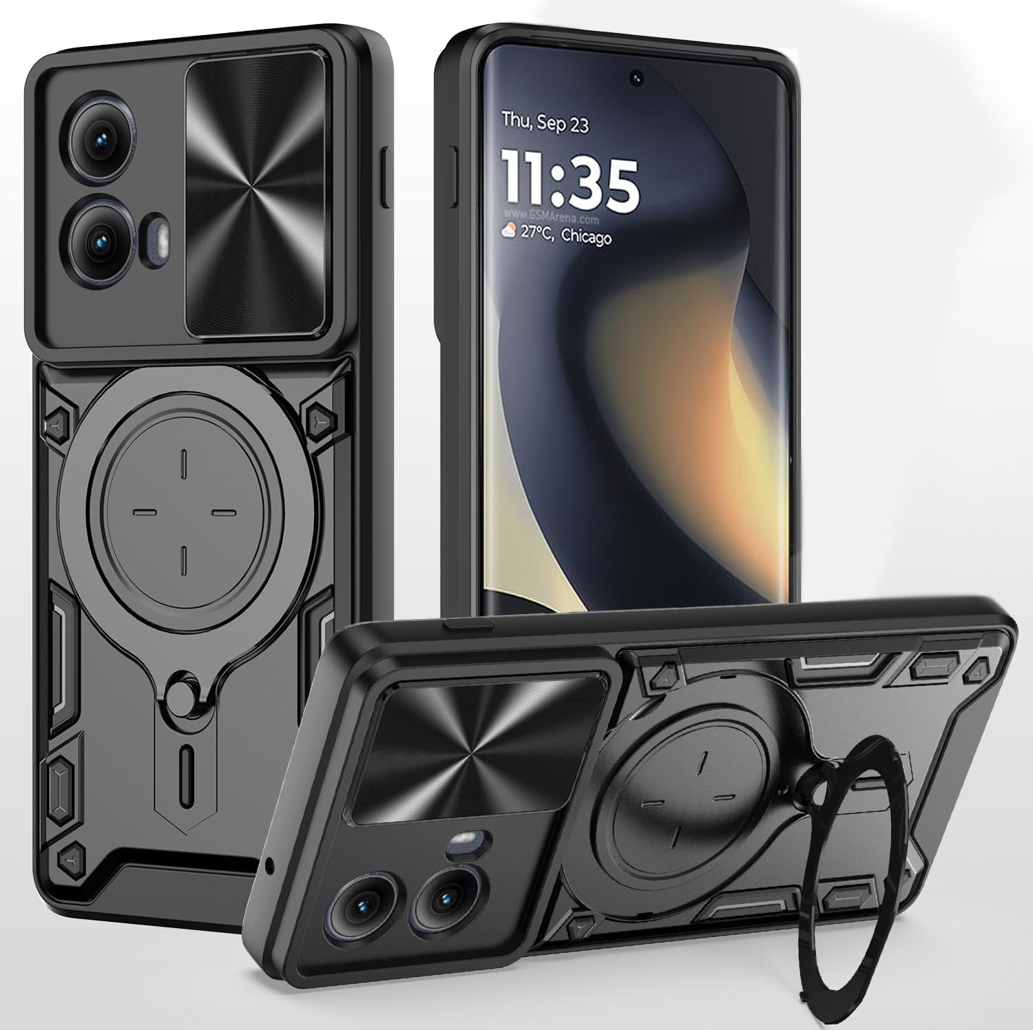 KJYLPO for Motorola Moto G85 Case,with Camera Lens Cover Slider Magnetic Kickstand Protective Case Heavy Duty Rugged Cell Phone Protective Cover Black