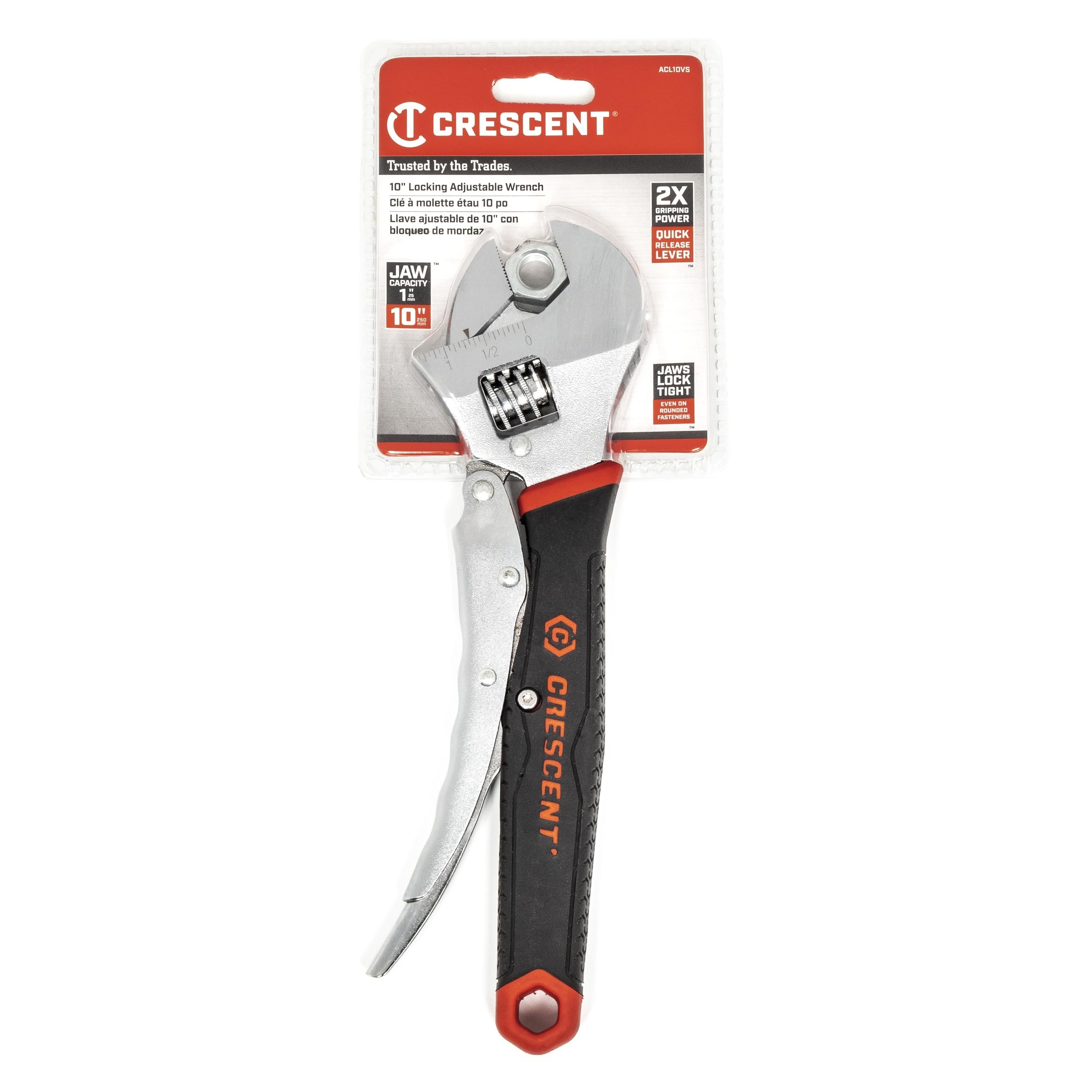 Crescent ACL10VS 254mm/10-Inch Locking Adjustable Wrench with Locking Handle Tightly Grips Fasteners, Reduces Slippage on Rounded Fasteners- Red/Black