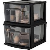 HOMZ 1 Drawer Storage Cart, Medium Plastic Container, Black Frame, 2 Pack | 14.25" Wide Medium Tote with 1 Smoke Tint Drawer for Organizing Bathrooms, Bedrooms, Home Offices, Closets, and Dorm Rooms
