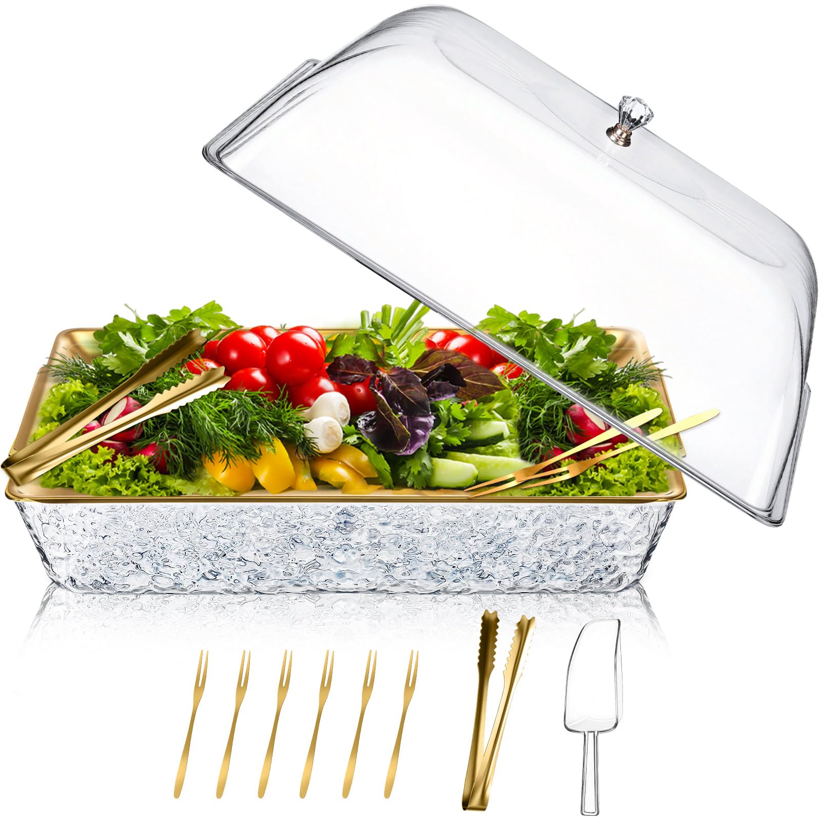 Photo 1 of Baderke 1 Set 16" x 9.45" Chilled Serving Tray for Parties with Compartments and Lid Charcuterie Serving Board Ice Rectangle Chilled Party Platter for Seafood Vegetable Fruit Shrimp Cocktail (Gold)