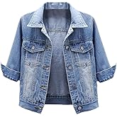 LifeShe Women's 3/4 Sleeve Short Denim Jacket Light Cropped Jean Jackets Coats