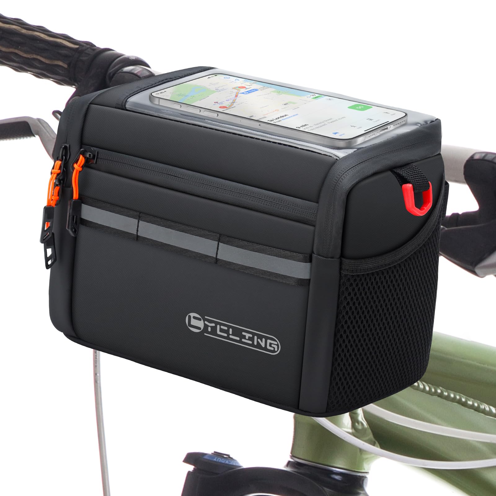 Photo 1 of Insulated Bike Handlebar Bag, 4L Capacity Storage Pouch with 7.5" Bike Phone Bag Holder Sensitive Touch Screen Tube Bicycle Bag with Shoulder Strap for Outdoor Trip