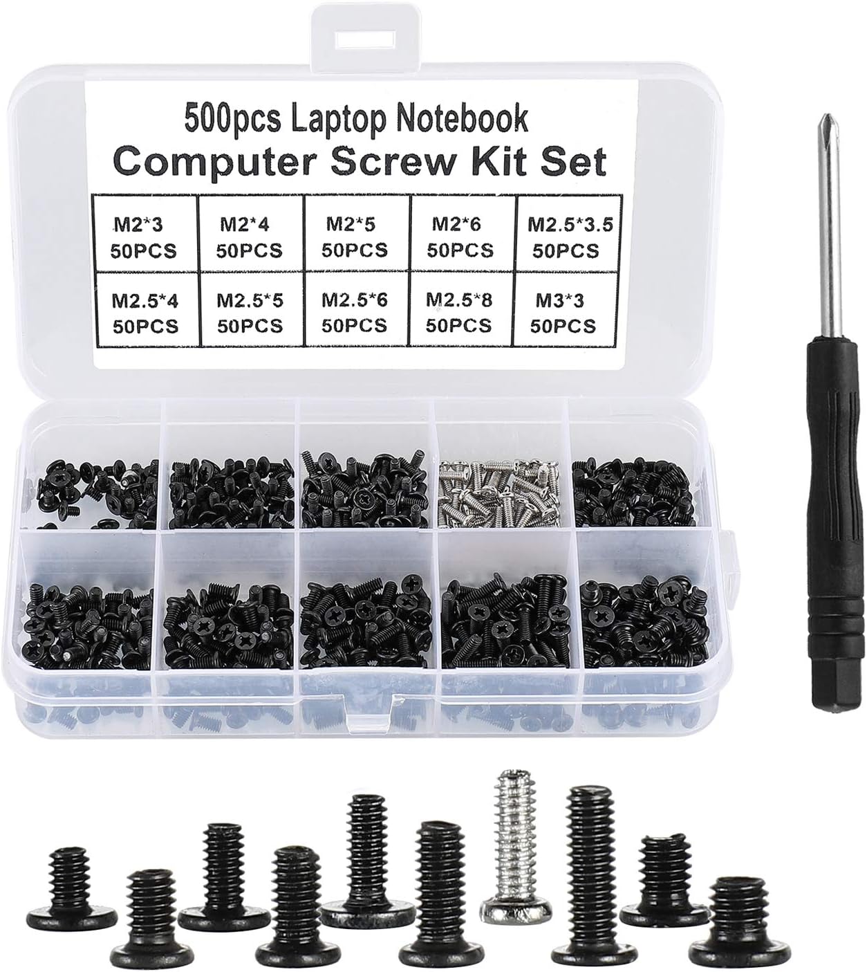 FandWay 500Pcs M2 M2.5 M3 Laptop Notebook Computer Screws Kit,Phillips Flat Head Screws
