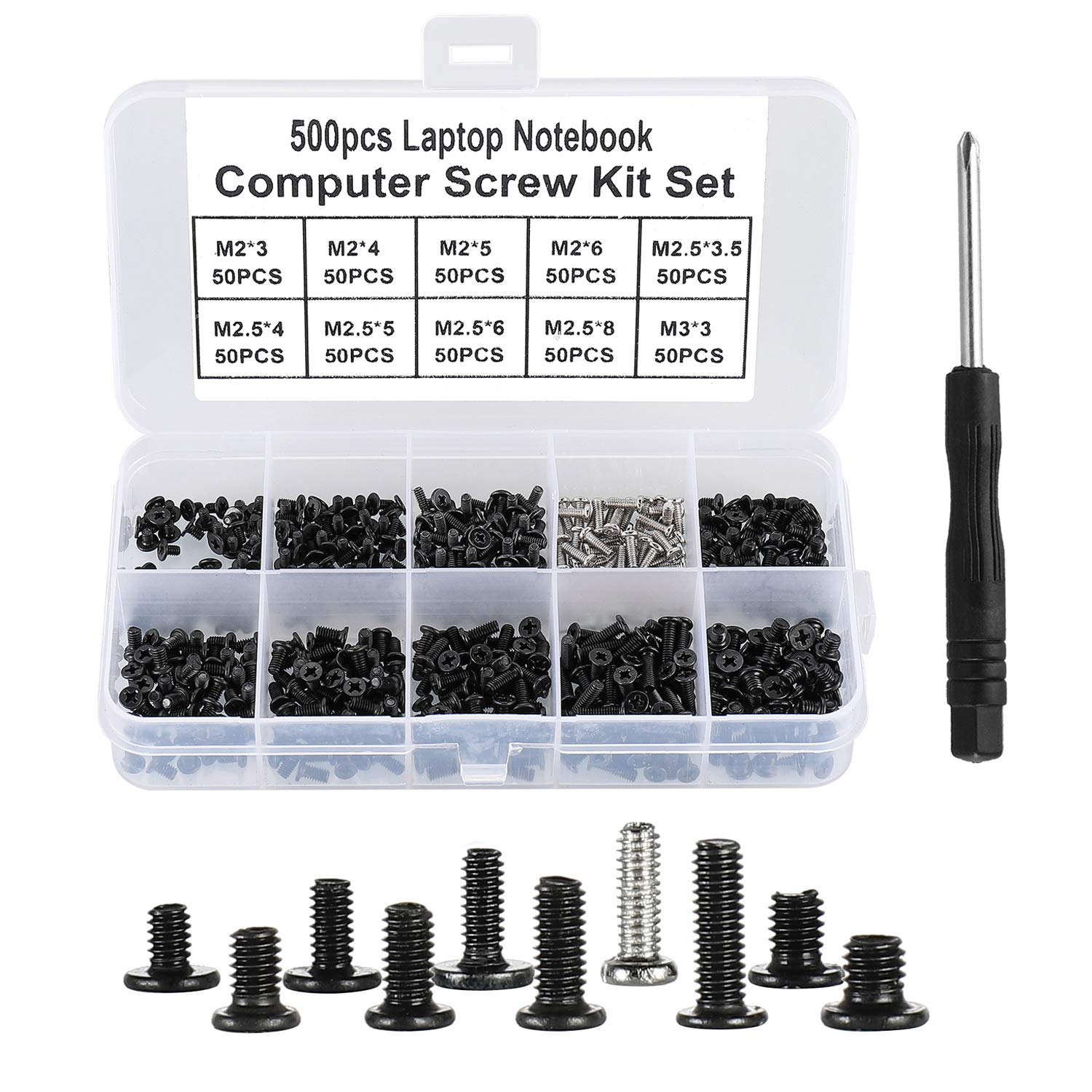 FandWay 500Pcs M2 M2.5 M3 Laptop Notebook Computer Screws Kit,Phillips Flat Head Screws, Electronic Repair Screws For IBM HP Dell Samsung Sony Toshiba Gateway Acer Lenovo Etc.