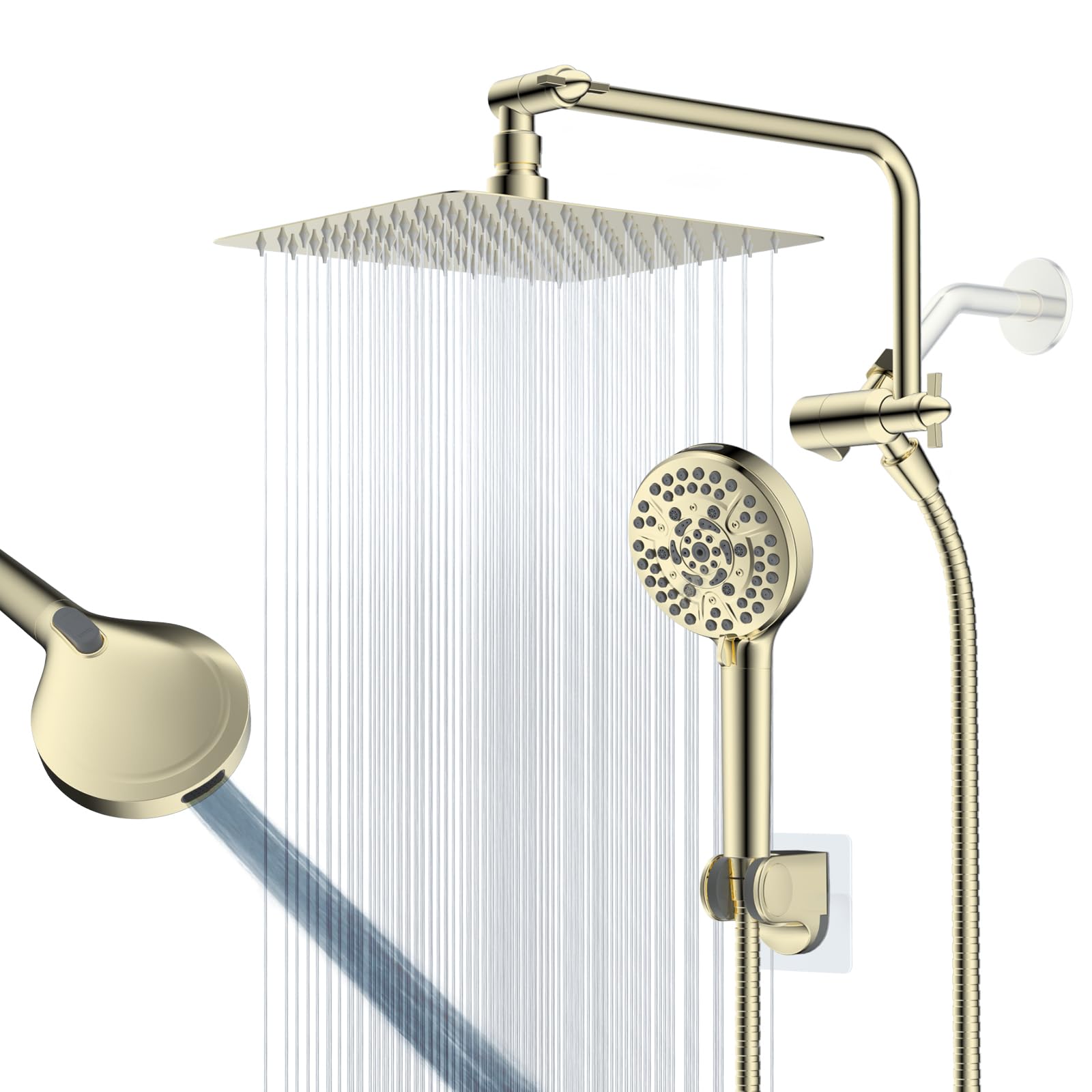 Photo 1 of All Metal Shower Head, 10" High Pressure Rainfall/Handheld Shower Combo with 11" Extension Arm, 10-Spray Handheld Showerhead, 71" Long Hose, 3-Way Diverter Valve, Shiny Gold