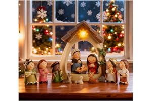 Magicsculp 12 PCS Nativity Scene Set - Nativity Sets for Christmas Indoor Decor Manger with LED Lights, Holy Family Figurine, Religious Living Room Shelf Decor, Xmas Decoration